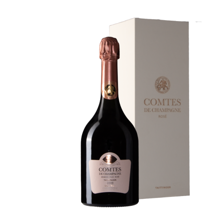 Bottiglia di Taittinger Comtes de Champagne Rosé 2008 con Astuccio