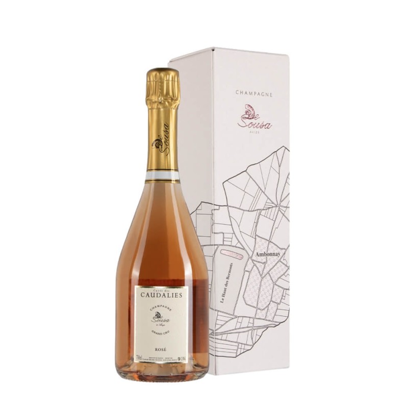 Bottiglia di champagne De Sousa Cuvée Des Caudalies Rosé con astuccio Bottiglia di champagne De Sousa Cuvée Des Caudalies Rosé con astuccio