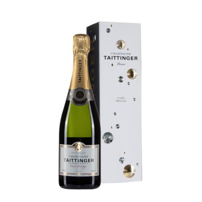 Bottiglia di Taittinger Cuvée Prestige con astuccio