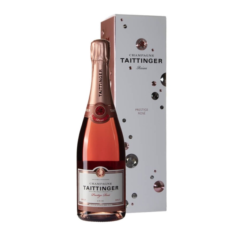 Bottiglia di Taittinger Cuvée Prestige Rosè con astuccio Bottiglia di Taittinger Cuvée Prestige Rosè con astuccio