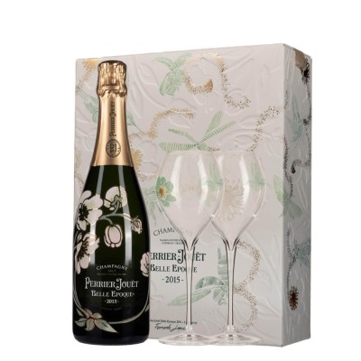 Bottiglia di Perrier-Jouët Belle Epoque 2015 Con 2 Bicchieri