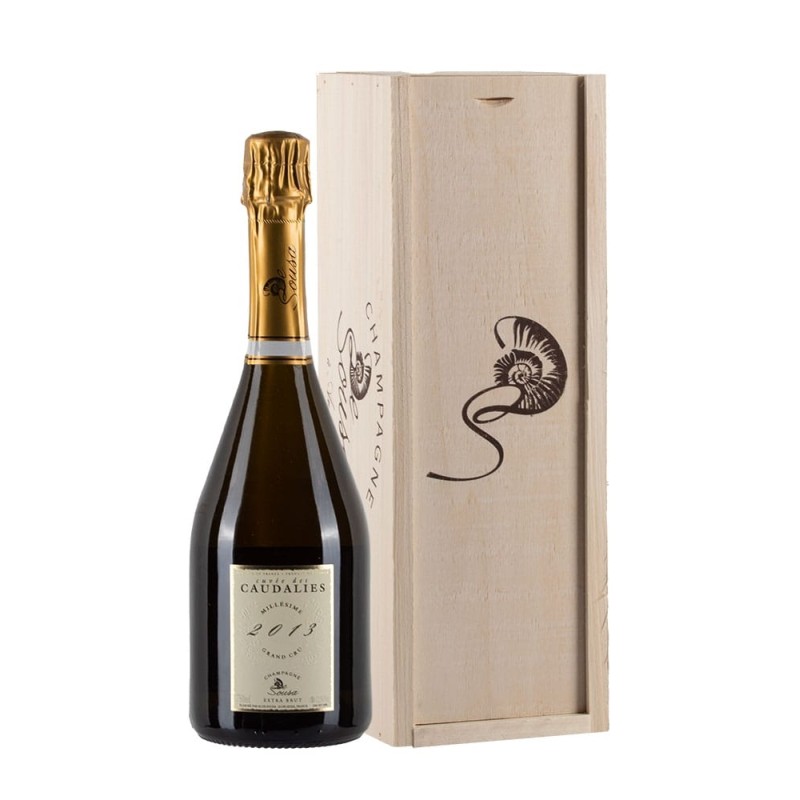 Bottiglia di champagne De Sousa Cuvée des Caudalies 2013 con cassa legno Bottiglia di champagne De Sousa Cuvée des Caudalies 2013 con cassa legno