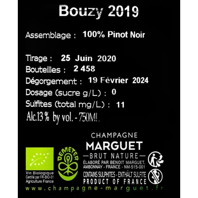 Retro etichetta Bottiglia di champagne Marguet Bouzy 2019 DA 0.75L