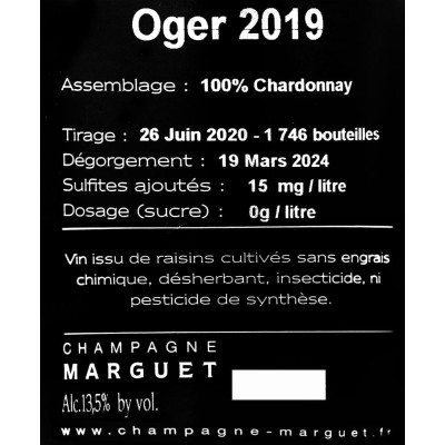 Retro etichetta Bottiglia di champagne Marguet Oger Grand Cru 2019 da 0.75l