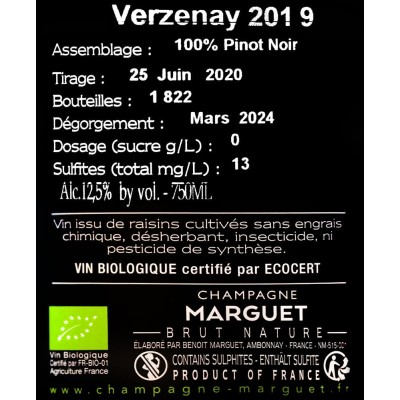 Retro etichetta Bottiglia di champagne Marguet Verzenay 2019 da 0.75l