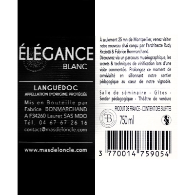 Retro etichetta Bottiglia di vino bianco Mas de L'oncle Elegance 2018 Bio da 0.75l