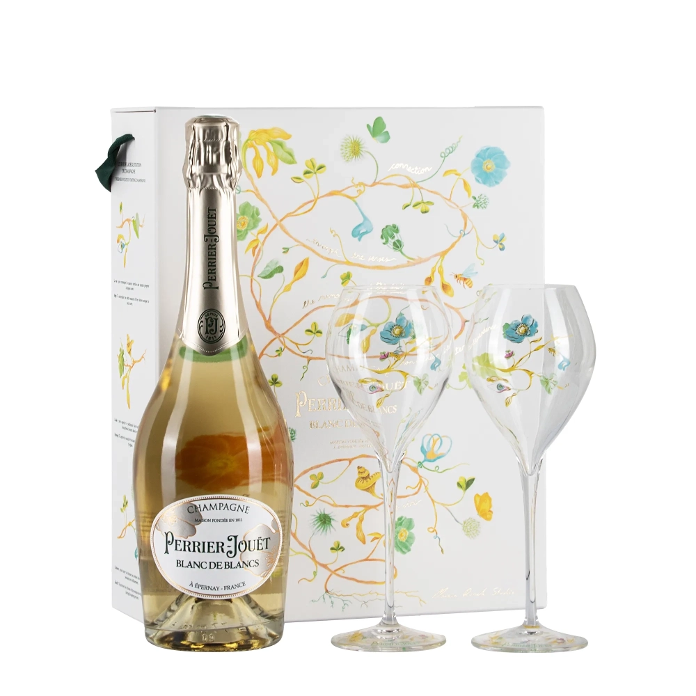 Perrier-Jouët Blanc de Blancs con due calici – Bwineshop